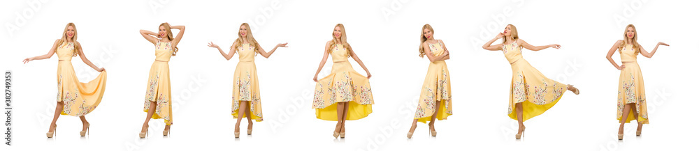 Blond girl in charming dress with flower prints isolated on whit