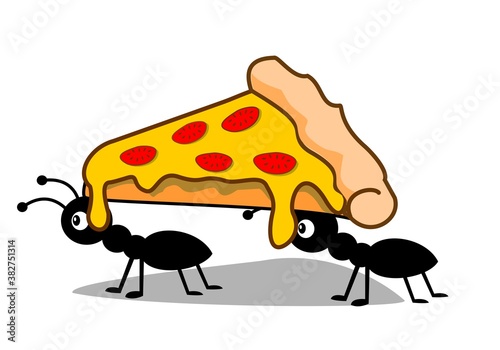 two ants lifting the pizza stock vector