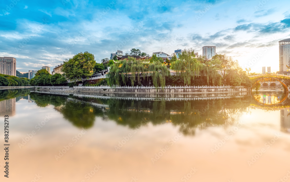 Guiyang China skyline at Jiaxiu Pavilion on the Nanming River