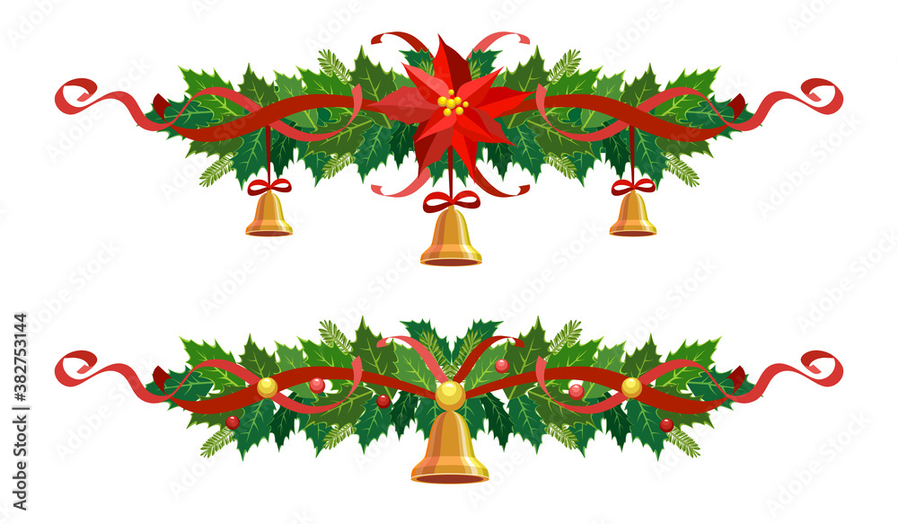 Christmas garland set with bells. Vector border, decoration for holiday cards, invitations, banners. Holly leaves, berries, poinsettia isolated on a white background. Christmas star plant with ribbon Christmas garland set with bells. Vector border, decoration for holiday cards, invitations, banners. Holly leaves, berries, poinsettia isolated on a white background. Christmas star plant with ribbon