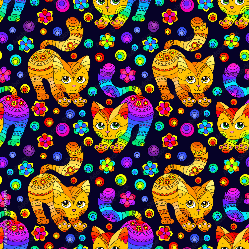 Obraz premium Seamless pattern with bright cats and flowers in stained glass style on a dark background