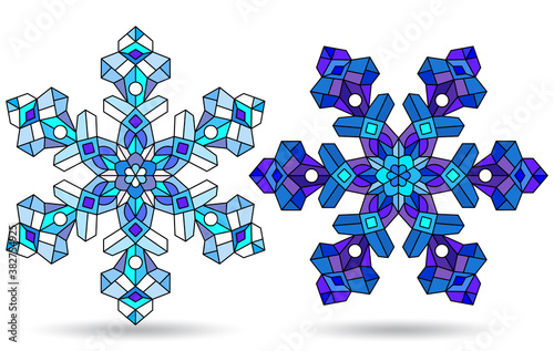 Set of illustrations in stained glass style with openwork snowflakes, isolated on a white background