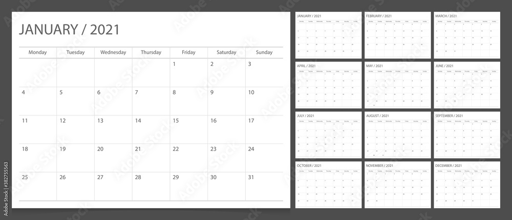 Calendar 2021 week start Monday corporate design planner template. - obrazy, fototapety, plakaty 