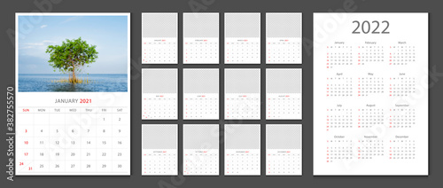 Calendar 2021, calendar 2022 week start Sunday corporate design template vector. photo