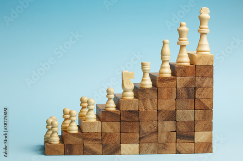 Chess standing on pyramid of wooden building block