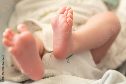 Close up of newborn baby feet.
