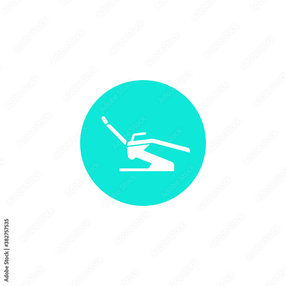 Dental chair icon. Dental clinic equipment. Treatment, prosthetics of teeth. Dentistry. Logo illustration. Simple vector icon isolated. White silhouette on a blue background Dental chair icon. Dental clinic equipment. Treatment, prosthetics of teeth. Dentistry. Logo illustration. Simple vector icon isolated. White silhouette on a blue background