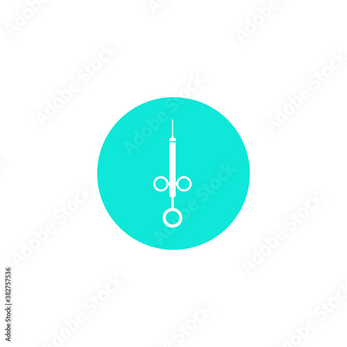 Syringe injection icon. Dental instrument. Treatment, prosthetics of teeth. Dental anesthesia simple vector icon isolated. Illustration of the logo. White silhouette on a blue background
