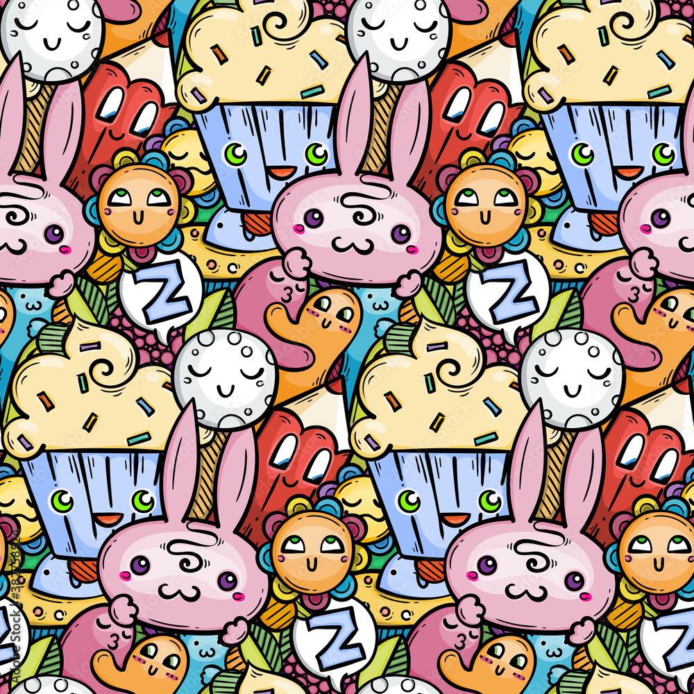 Nice doodle smiling creatures seamless pattern for child prints, designs and coloring books. Rabbit, cream, tasty, pen