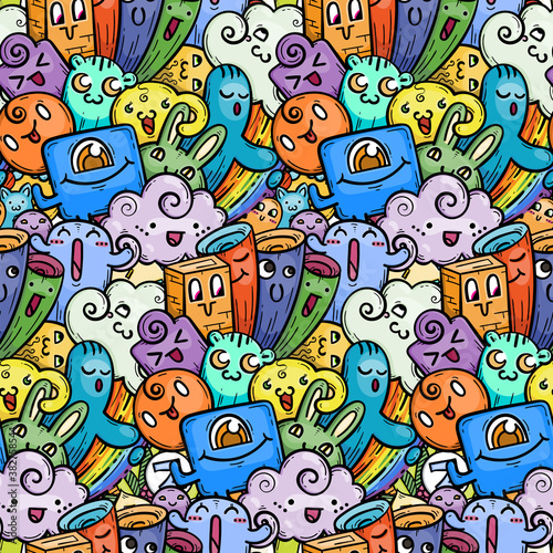 Nice doodle smiling monsters seamless pattern for child prints, designs and coloring books