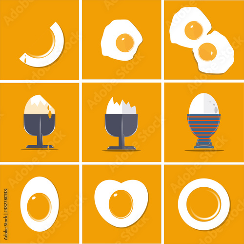 Egg collection flat vector illustration set isolated on yellow background with copy space