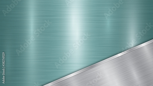 Background consisting of a light blue shiny metallic surface and one polished silver plate located in corner, with a metal texture, glares and burnished edge