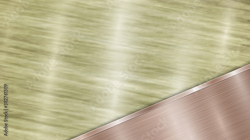 Background consisting of a golden shiny metallic surface and one polished bronze plate located in corner, with a metal texture, glares and burnished edge