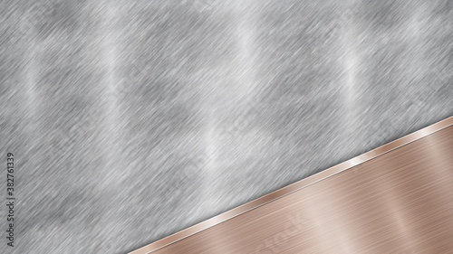 Background consisting of a silver shiny metallic surface and one polished bronze plate located in corner, with a metal texture, glares and burnished edge