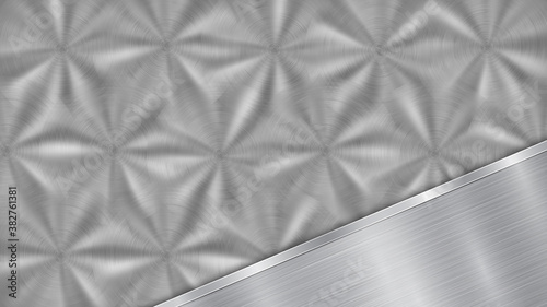 Background in silver and gray colors, consisting of a shiny metallic surface and one polished plate located in diagonal, with a metal texture, glares and burnished edge