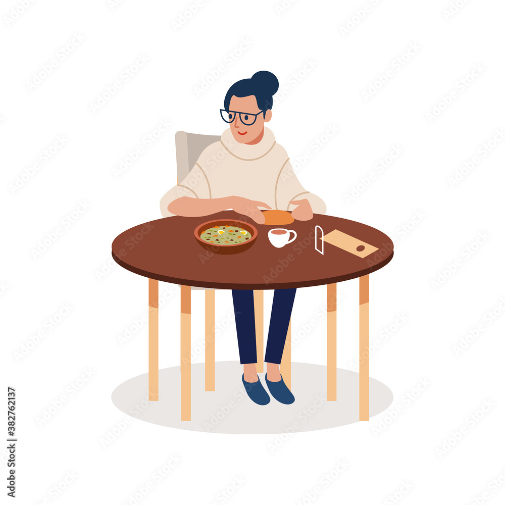 Cheerful young woman sitting in cafe. Vector flat cartoon illustration. Cheerful young woman sitting in cafe. Vector flat cartoon illustration.