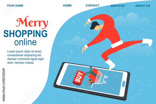 Online christmas shopping concept illustration. Modern Santa press a red button buy. Vector banner or landing template
