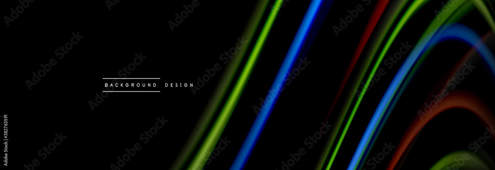 Dynamic motion abstract background. Color blurred stripes on black. Wave liquid lines poster. Vector illustration Dynamic motion abstract background. Color blurred stripes on black. Wave liquid lines poster. Vector illustration