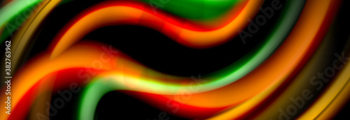 Dynamic motion abstract background. Color blurred stripes on black. Wave liquid lines poster. Vector illustration