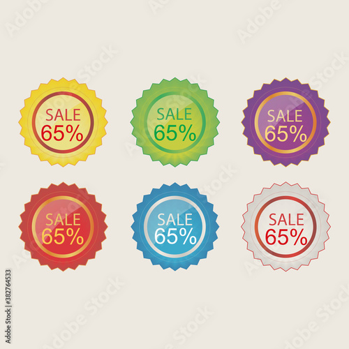 65 discount sticker. 65% off sale multi-color tag isolated vector illustration. Discount price label. symbol for advertising campaign in retail. 65% discount sale promo