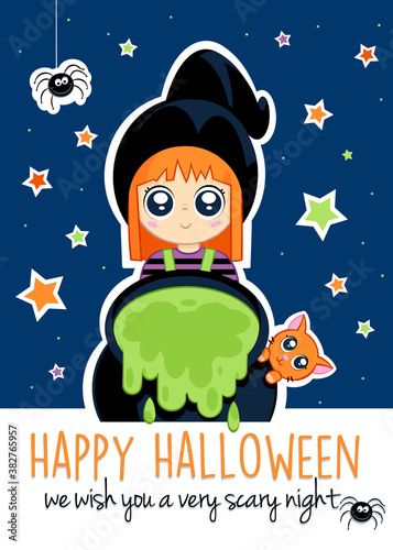 Happy Halloween - Cute little witch, cats, spiders and stars - Party invitation - Illustration