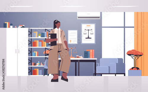 female lawyer holding judge book or folder legal law advice justice concept modern office interior full length horizontal vector illustration