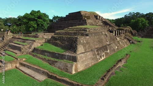 Aerial, panning, Tazumal ruins, El Salvador photo