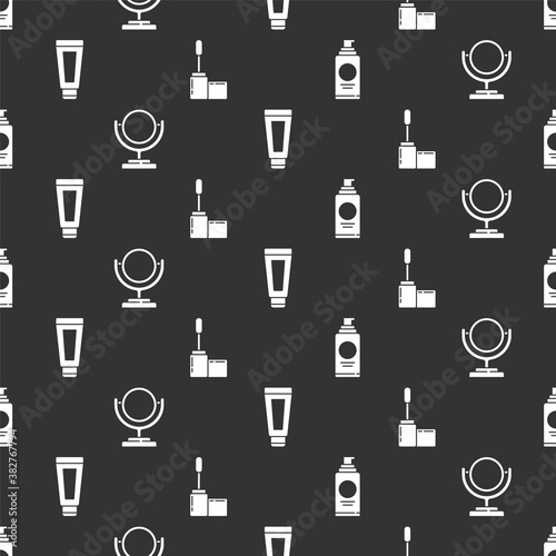 Set Spray can for hairspray, Round makeup mirror, Cream or lotion cosmetic tube and Mascara brush on seamless pattern. Vector.