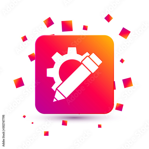 White Pencil and gear icon isolated on white background. Creative development. Blogging or copywriting concept. Square color button. Vector Illustration.