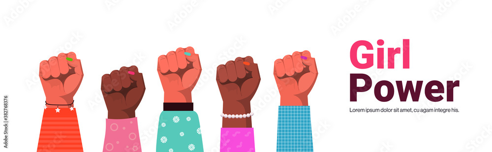 mix race raised up women's fists female empowerment movement girl power union of feminists concept copy space horizontal vector illustration mix race raised up women's fists female empowerment movement girl power union of feminists concept copy space horizontal vector illustration
