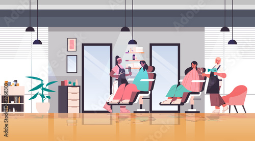hairdressers making hair style to mix race clients modern beauty salon interior horizontal full length vector illustration