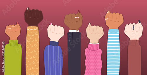 mix race raised up women's fists female empowerment movement girl power union of feminists concept horizontal vector illustration