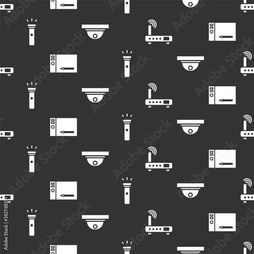 Set Router and wi-fi signal, Graphic tablet, Flashlight and Motion sensor on seamless pattern. Vector.
