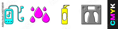 Set Music player, Water drop, Spray can for hairspray and Bathroom scales icon. Vector.