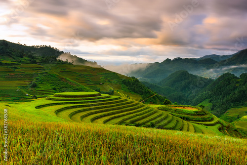 Sunrise on famous terraced rice paddy in Mu Cang Chai district  Lao Cai province  Vietnam.