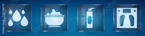 Set Water drop, Sea salt in a bowl, Spray can for hairspray and Bathroom scales. Square glass panels. Vector.