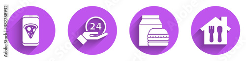 Set Food ordering pizza, Clock 24 hours, Online ordering and burger delivery and Online ordering and delivery icon with long shadow. Vector.