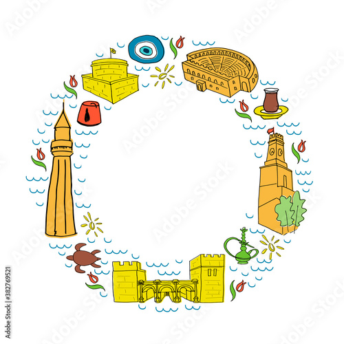 Set with elements of city sights of Antalya and Turkish symbols isolated on white background for banner, souvenirs, booklet. Circle frame. Hand drawn vector illustration for travel agency, print shop