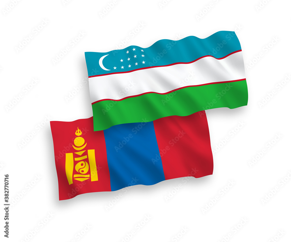 Fototapeta premium Flags of Mongolia and Uzbekistan on a white background