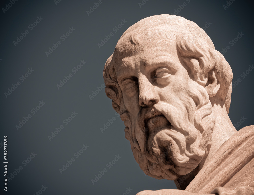 Plato portrait, the famous ancient thinker and philosopher, detail of marble statue in Athens Greece