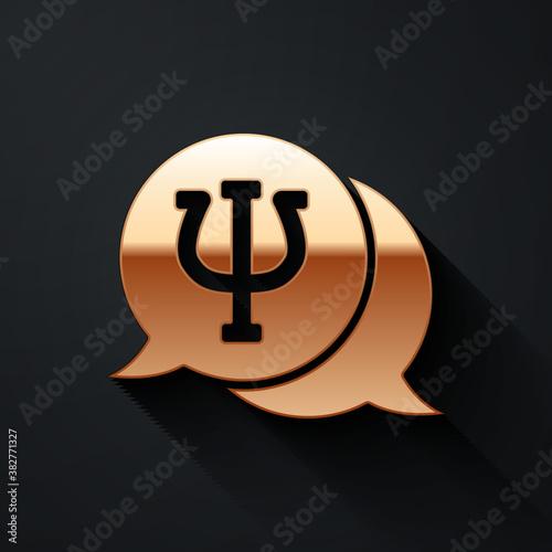 Gold Psychology icon isolated on black background. Psi symbol. Mental health concept, psychoanalysis analysis and psychotherapy. Long shadow style. Vector.