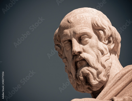 Plato portrait, the famous ancient thinker and philosopher, detail of marble statue in Athens Greece