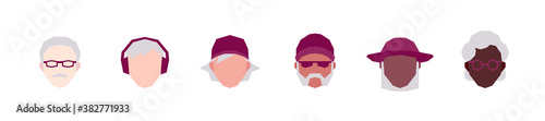 Set of seniors with purple headresses. Low poly avatars. Vector illustration