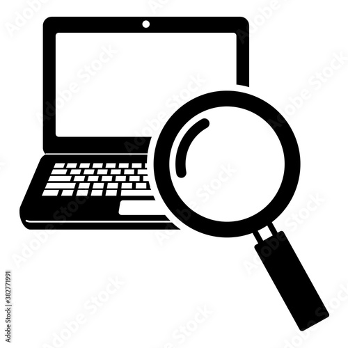 A simple icon with a laptop and a magnifying glass