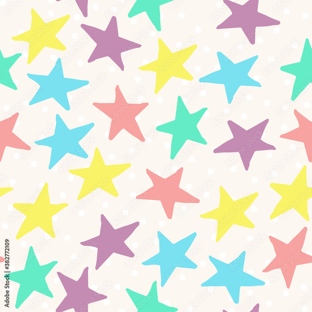 Seamless pattern with yellow, blue, pink and purple stars. Vector design for textile, backgrounds, clothes, wrapping paper, web sites and wallpaper. Fashion illustration hand drawn seamless pattern. Seamless pattern with yellow, blue, pink and purple stars. Vector design for textile, backgrounds, clothes, wrapping paper, web sites and wallpaper. Fashion illustration hand drawn seamless pattern.