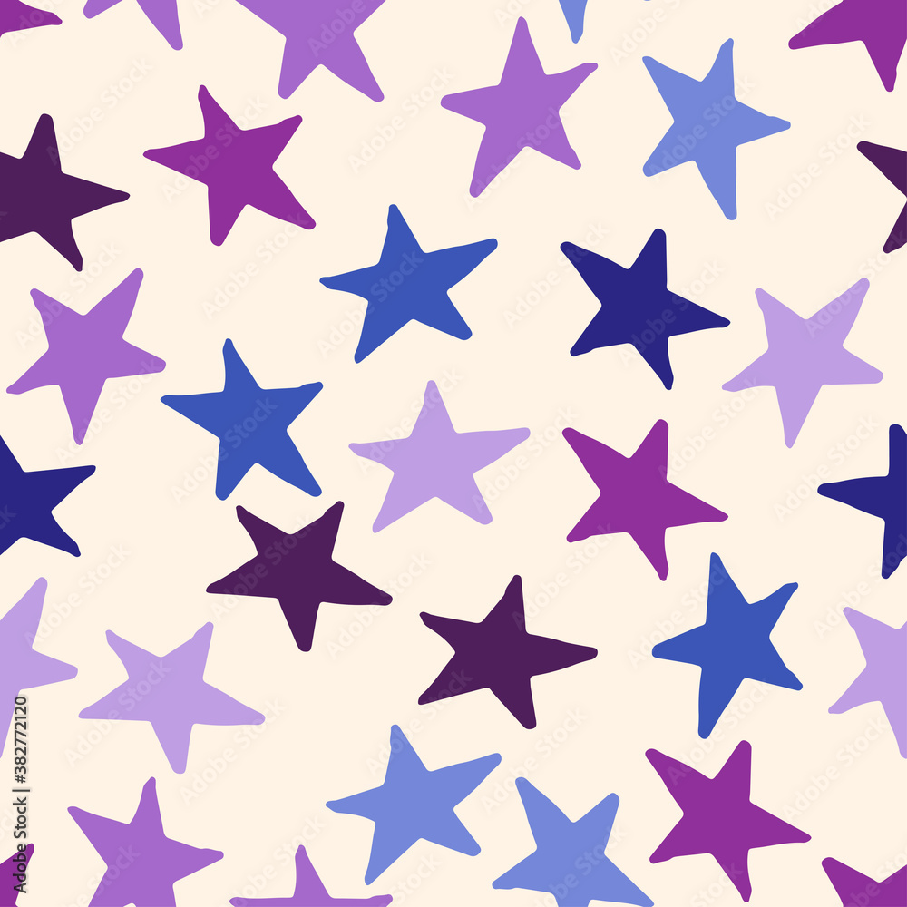 Seamless pattern with blue and purple stars on background. Vector design for textile, backgrounds, clothes, wrapping paper, web sites and wallpaper. Fashion illustration hand drawn seamless pattern. Seamless pattern with blue and purple stars on background. Vector design for textile, backgrounds, clothes, wrapping paper, web sites and wallpaper. Fashion illustration hand drawn seamless pattern.
