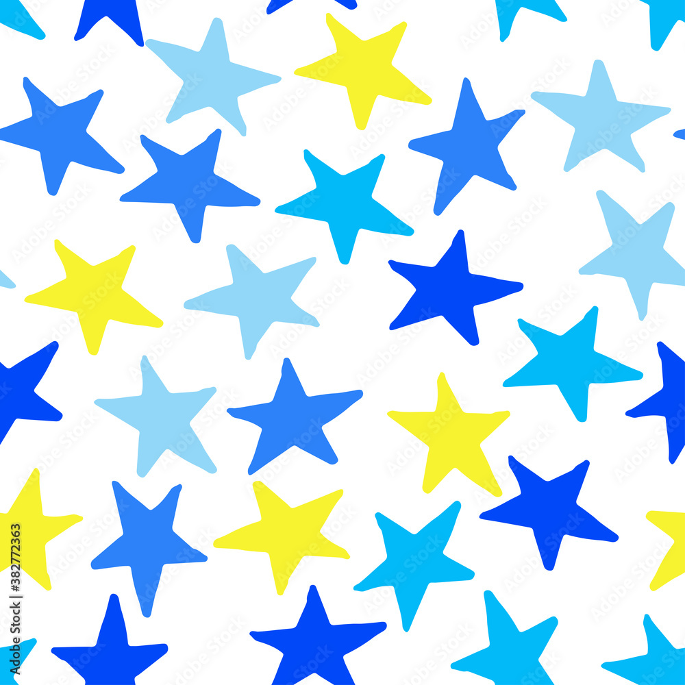 Seamless pattern with blue and yellow stars on background. Vector design for textile, backgrounds, clothes, wrapping paper, web sites and wallpaper. Fashion illustration hand drawn seamless pattern.