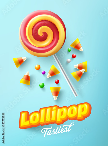 Vector of Lollipop and colorful candy on mint blue pastel background. Sweet lollipop and candy concept.vector illustration eps 10