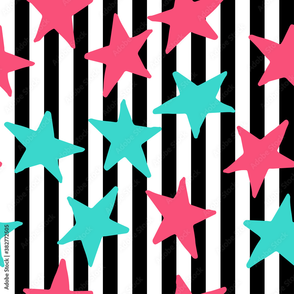 Seamless pattern with pink and blue stars on striped background. Vector ...