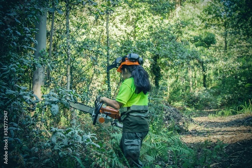 forest worker with chainsaw in the forest